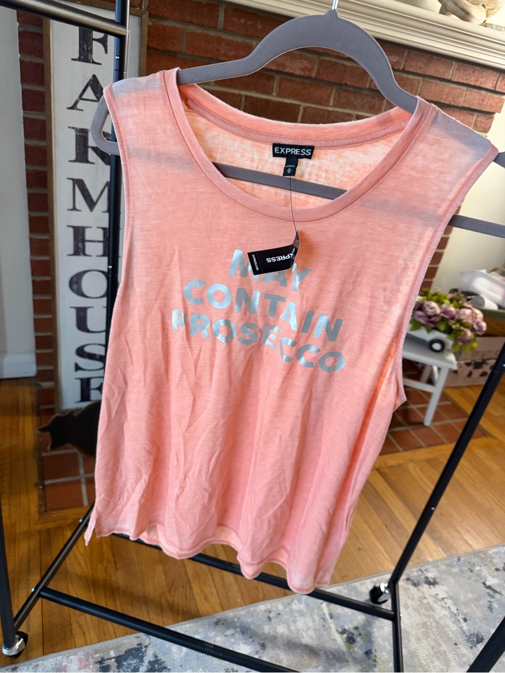 Express Women's Sleeveless Graphic Tank - Coral Pink - May Contain Prosecco